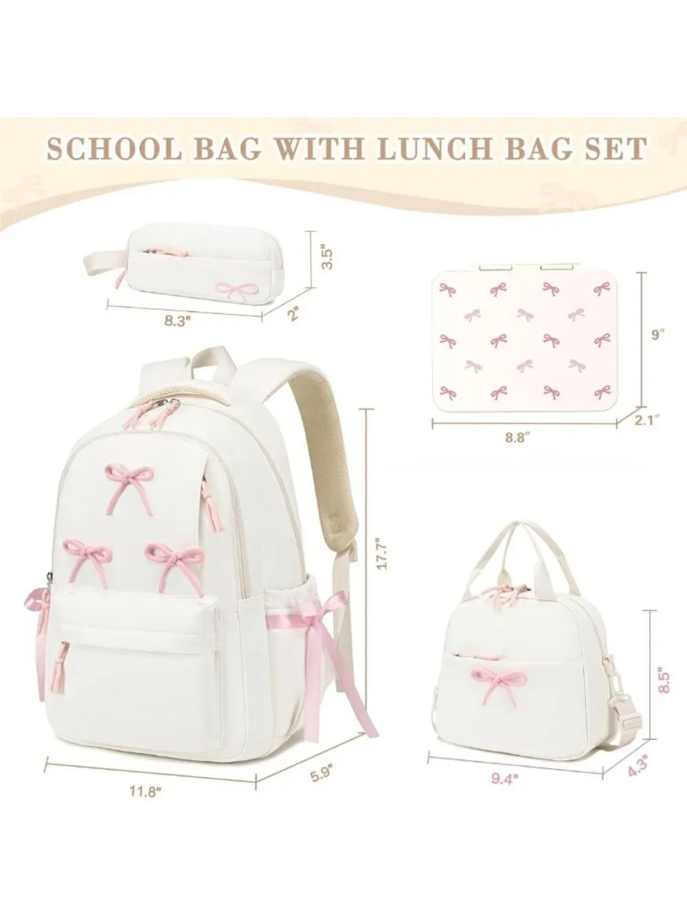 Stylish Girls Backpack Set with Lunch Box, Pencil Case & Bento Box - 4PCS, Beige